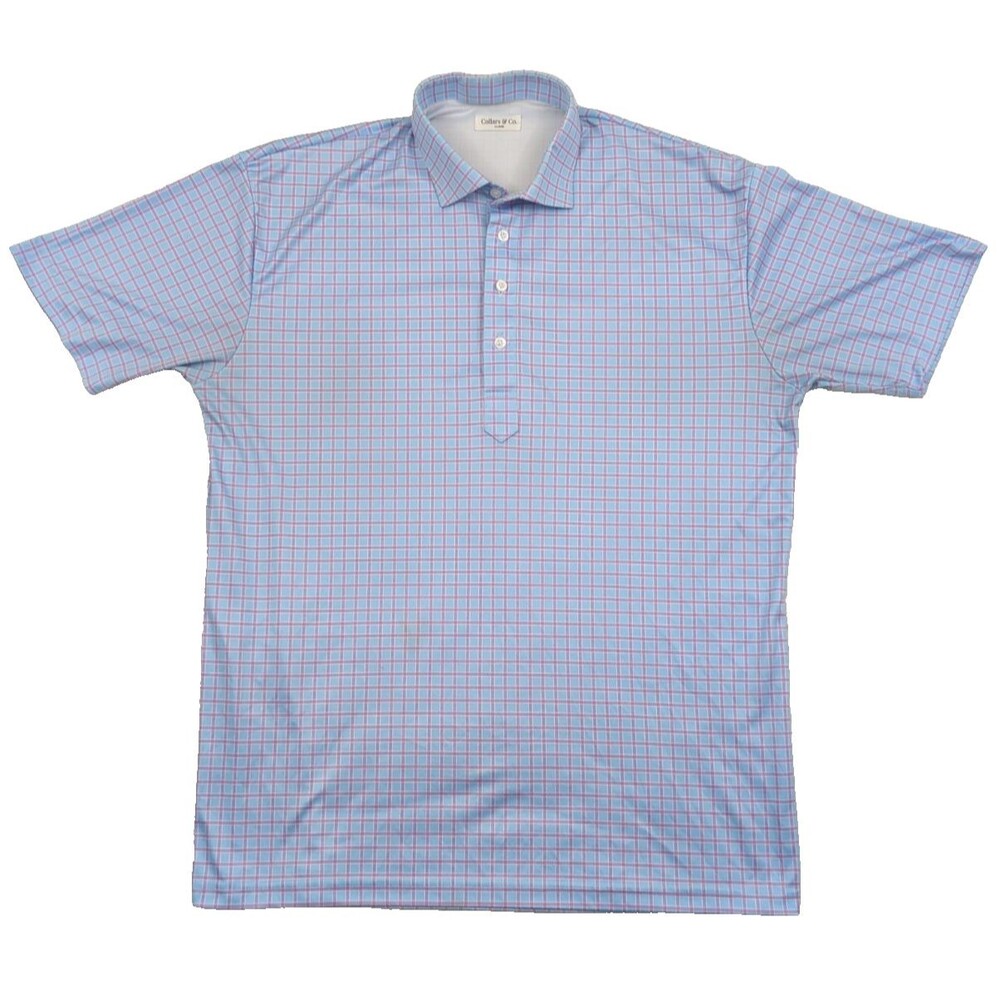 Collars & Co. Mens Short Sleeve Dress Polo Shirt XL Blue Check 46x31